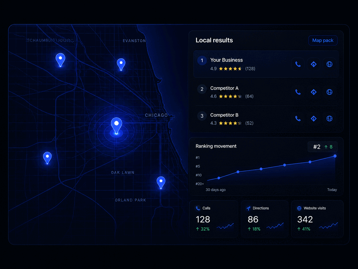 Google Maps map pack with the prospect's business at #2 and 4.9 stars / 128 reviews, ranking-movement chart climbing from #20 to #2 over 30 days, plus rising calls, directions, and website-visit metrics