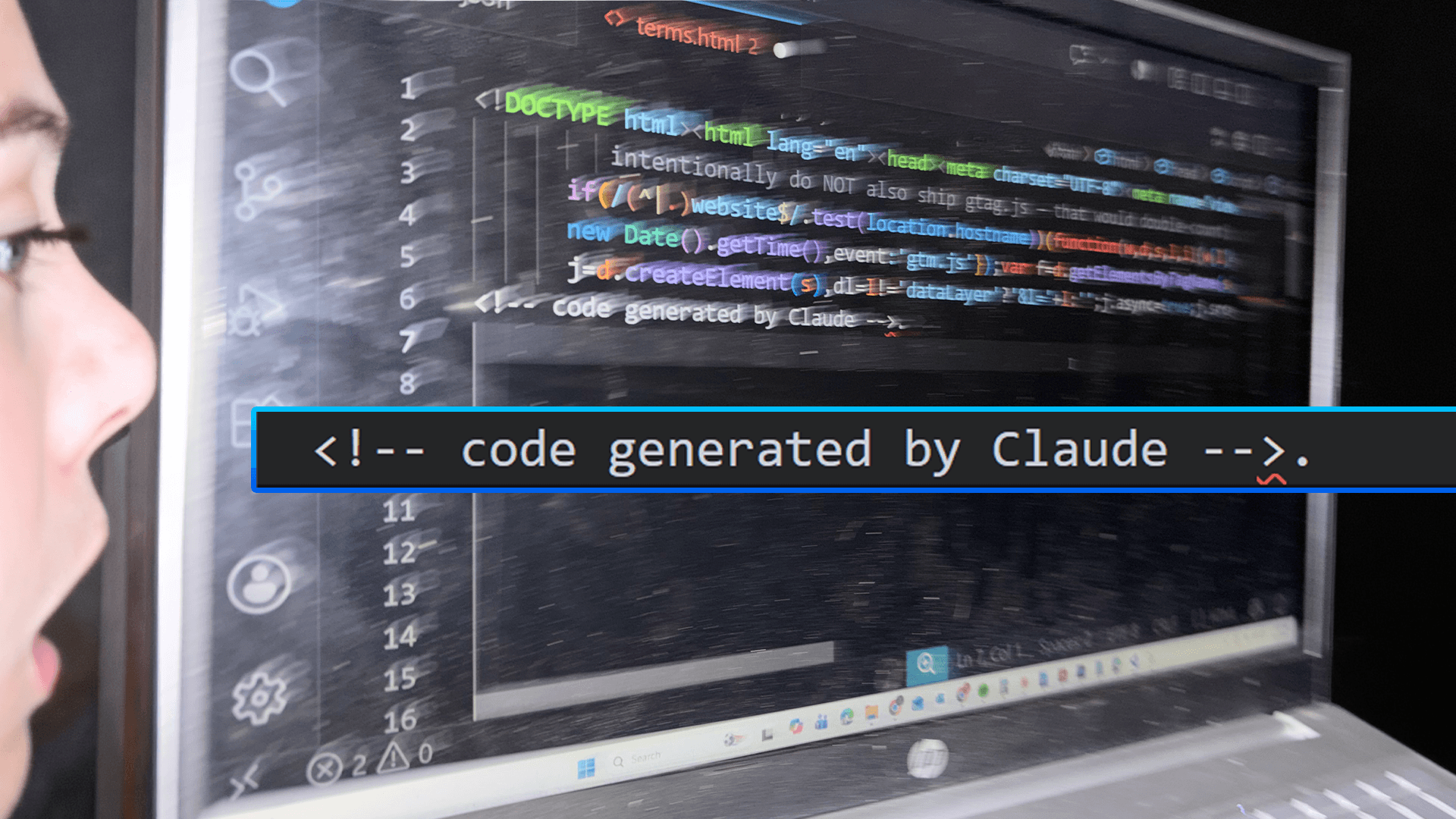 Code editor showing an AI-generated comment left inside a website's HTML source