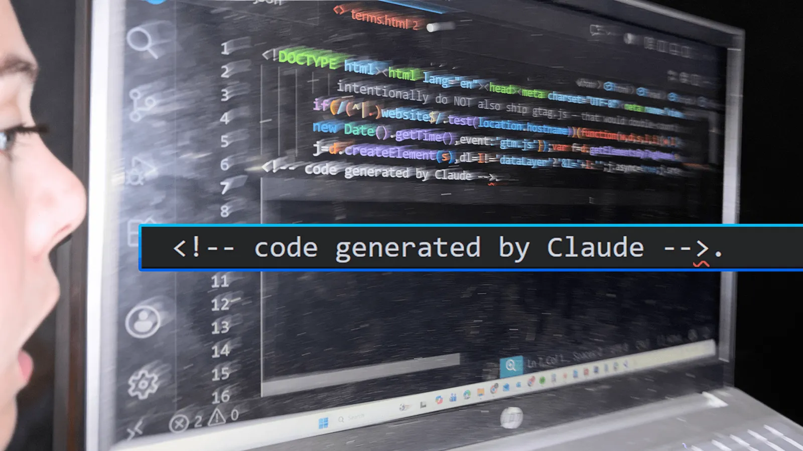 Code editor showing an AI-generated comment left inside a website's HTML source